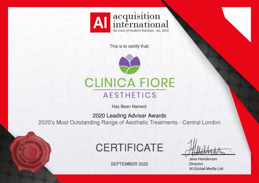Clinica Fiore 2020 Leading Adviser Awards Certificate