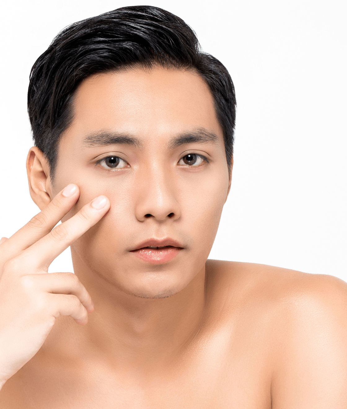 Handsome Asian Man putting Two Fingers Near To His Eyes